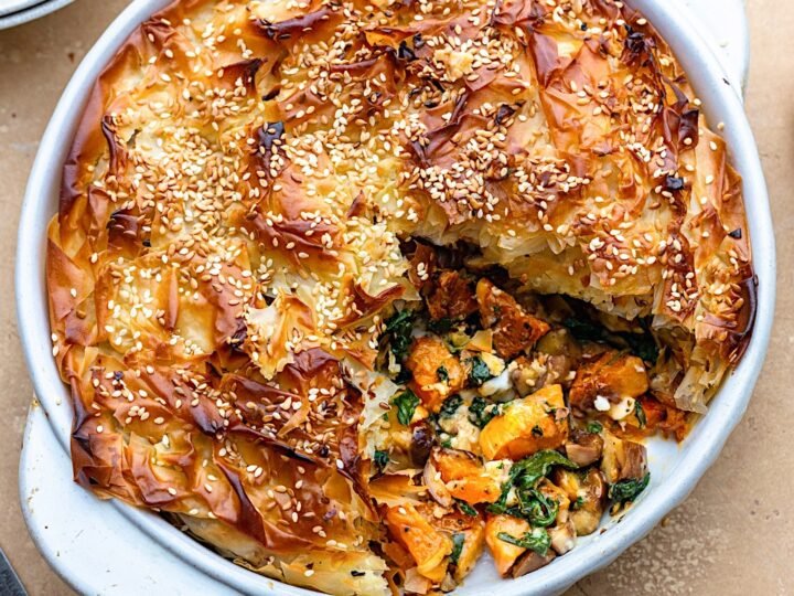 Pumpkin Feta Filo Pie on ceramic container