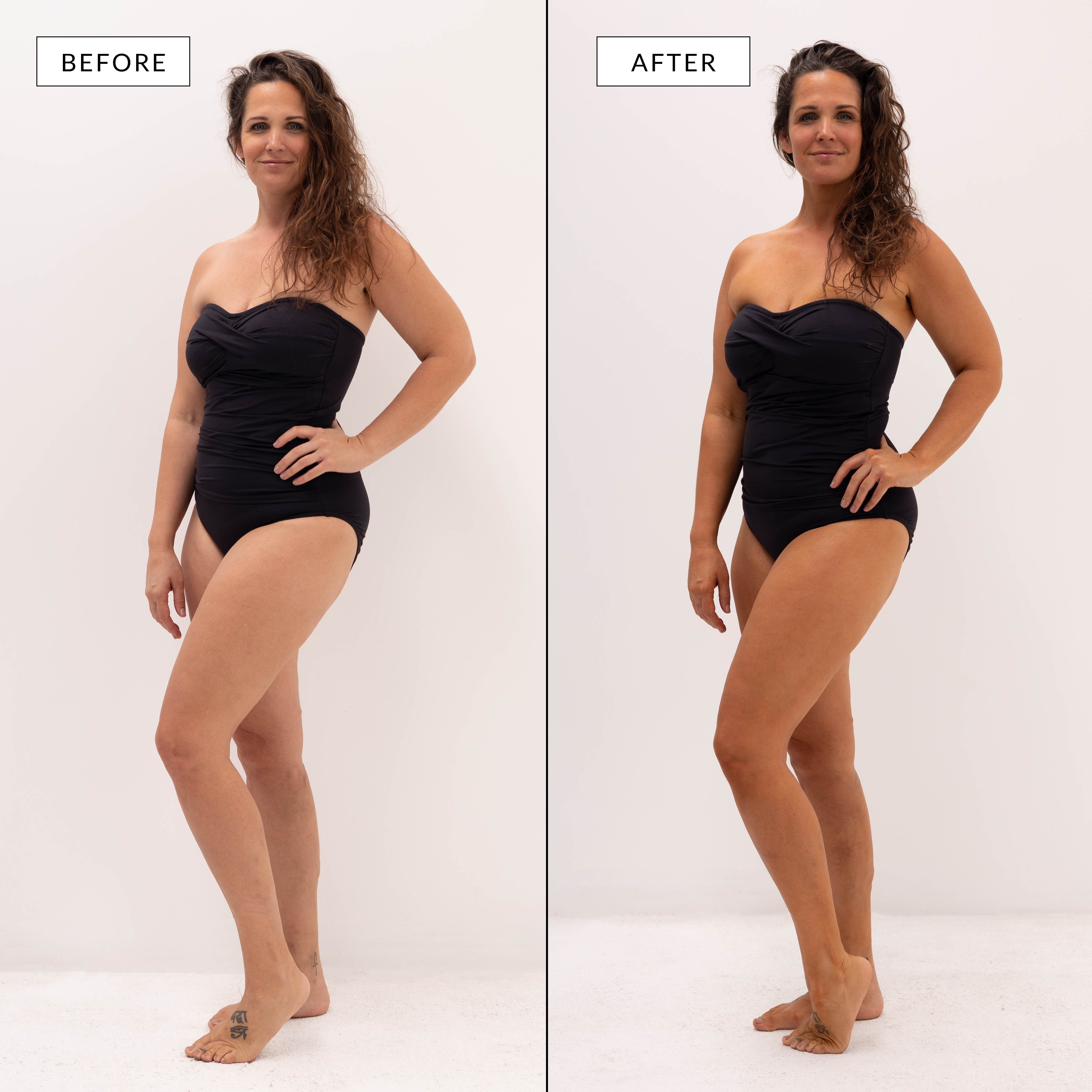 Comparison of a woman wearing black strapless swimmer before and after applying Cacao Mousse