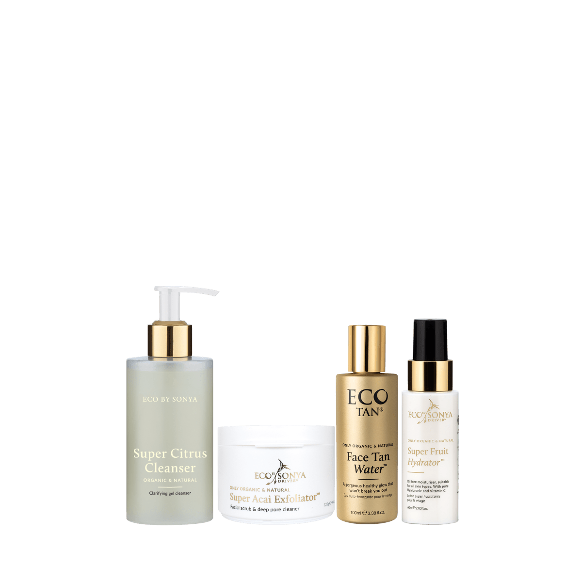 Set of skincare products including Super Citrus Cleanser, Face Tan Water, Super Fruit Hydrator and Super Acai Exfoliator