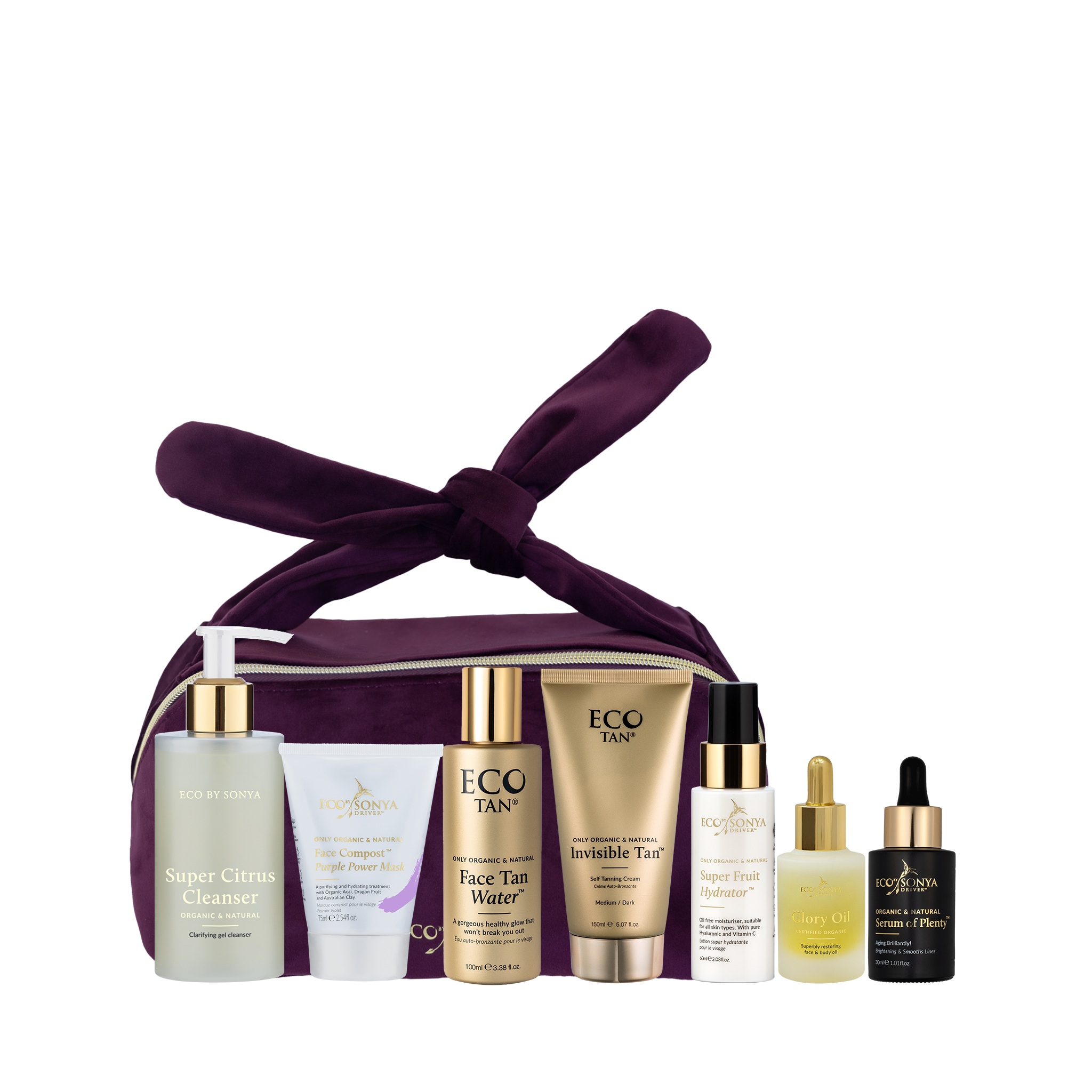 Eco By Sonya Vacay Pack including Super Citrus Cleanser, Face Mask, Body and Face Tanning products, Serum of Plenty, Face Hydrator and Glory Oil