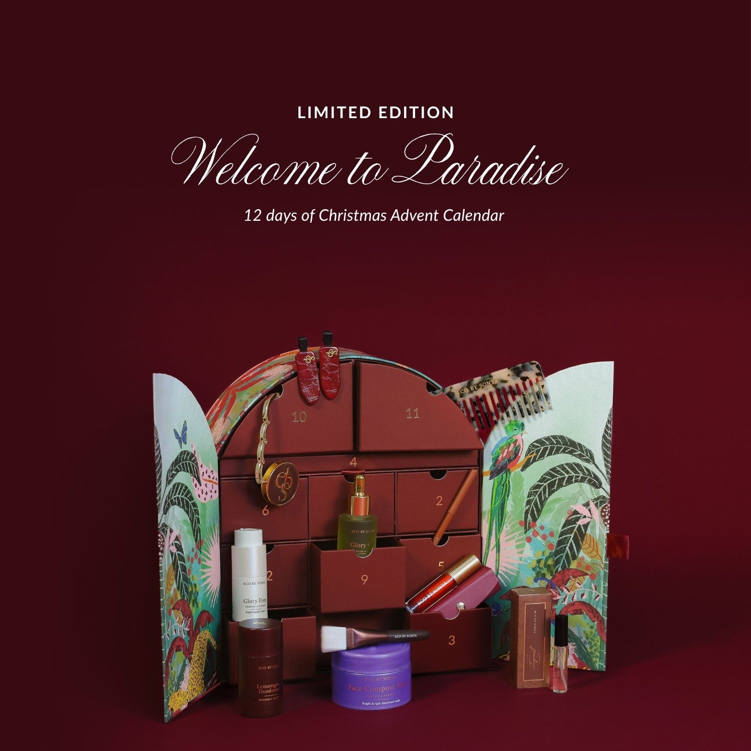 ECO BY SONYA 'The Paradise Collection' Christmas Advent Calendar box with white text reading 'Limited Edition Welcome to Paradise 12 days of Christmas Advent Calendar'.