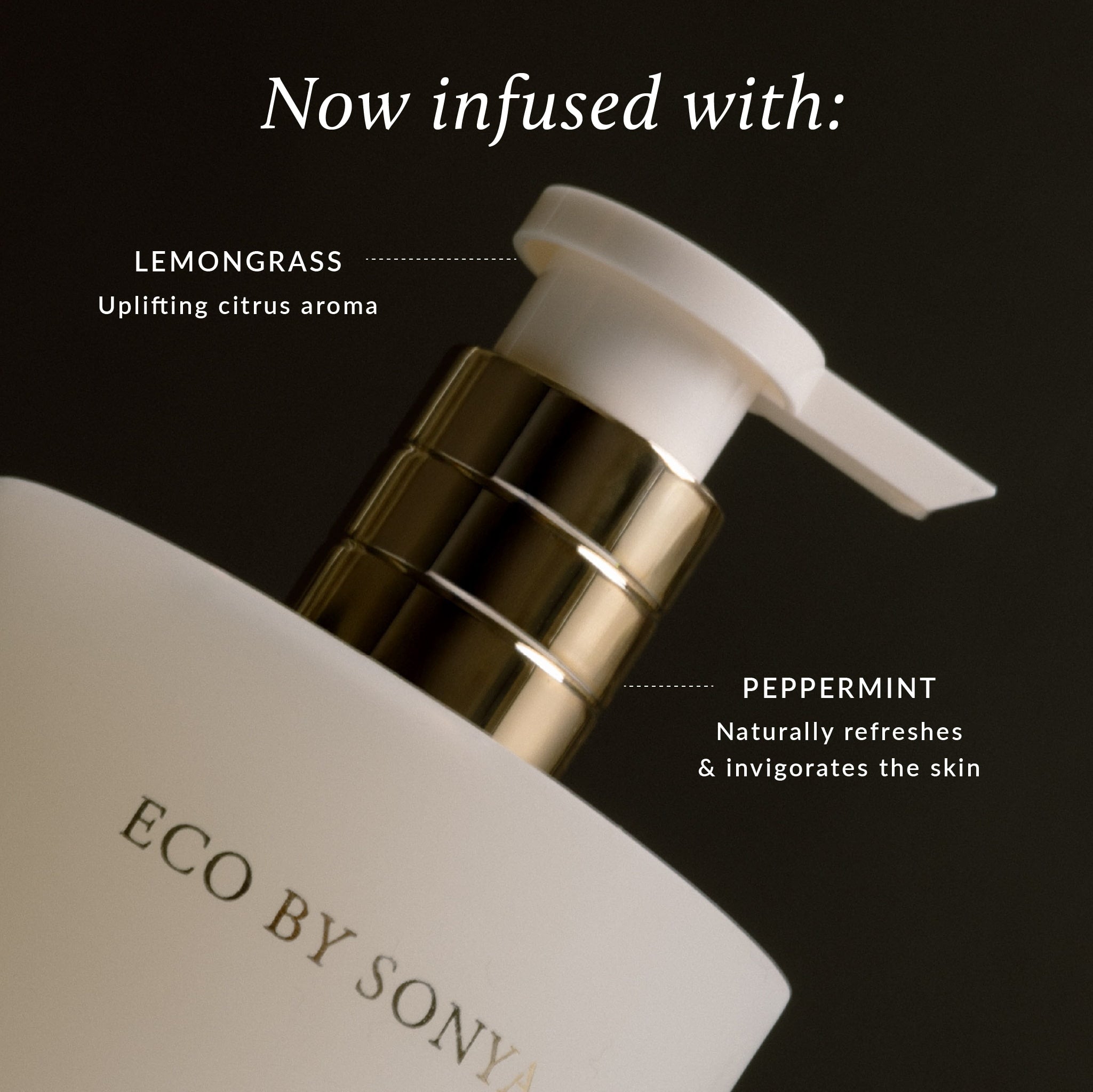 ECO BY SONYA skincare bottle featuring lemongrass and peppermint against a dark background.