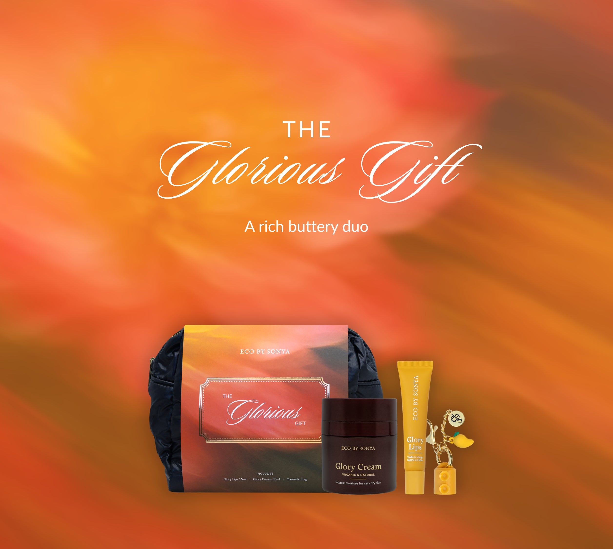 Eco By Sonya The Glorious Gift pack with Glory Cream rich moisturiser, Glory Lips organic lip balm, and black cosmetic bag, luxury skincare gift set.