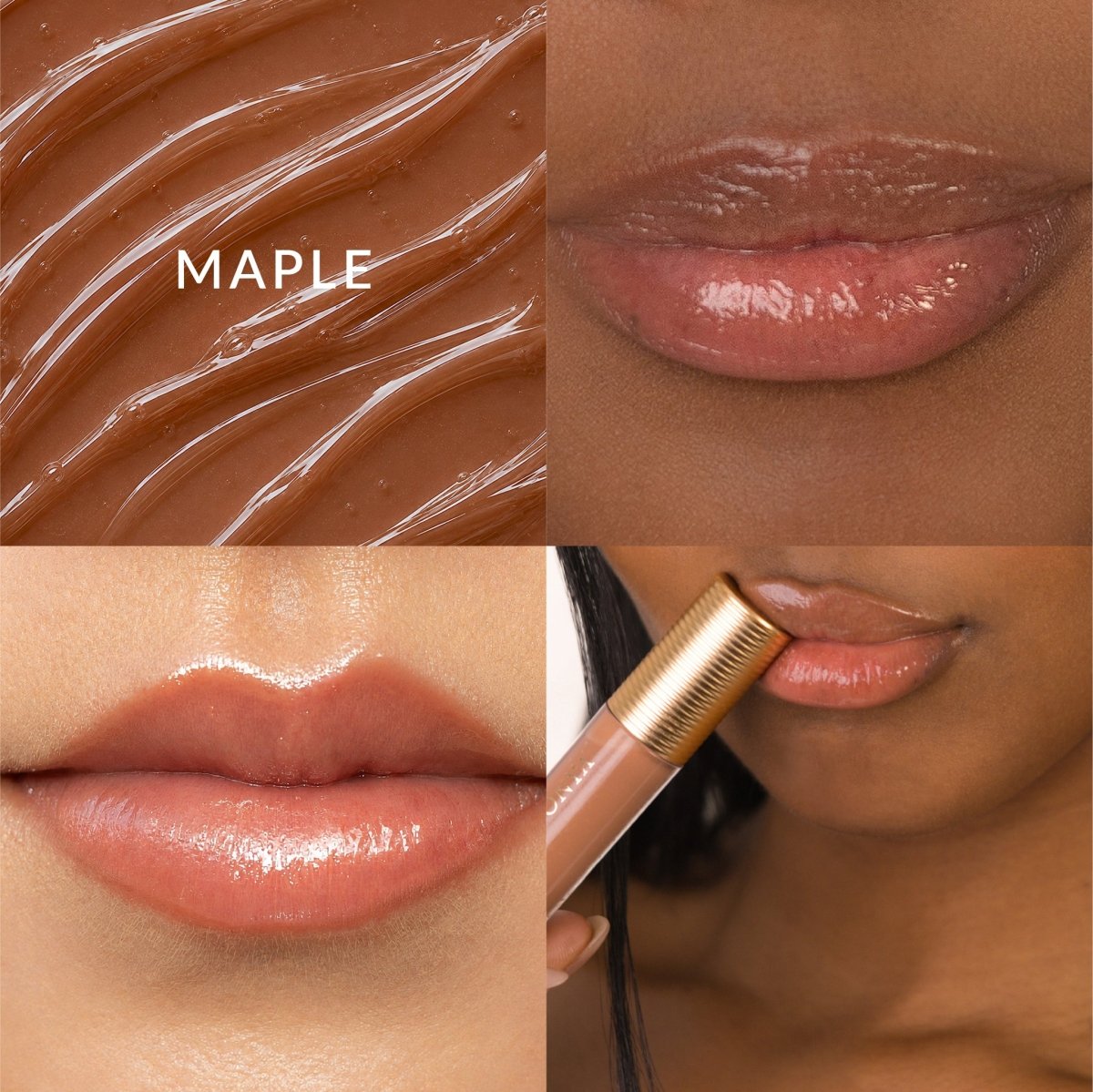 Glory Gloss Maple swatch, before-and-after lips, and product application.