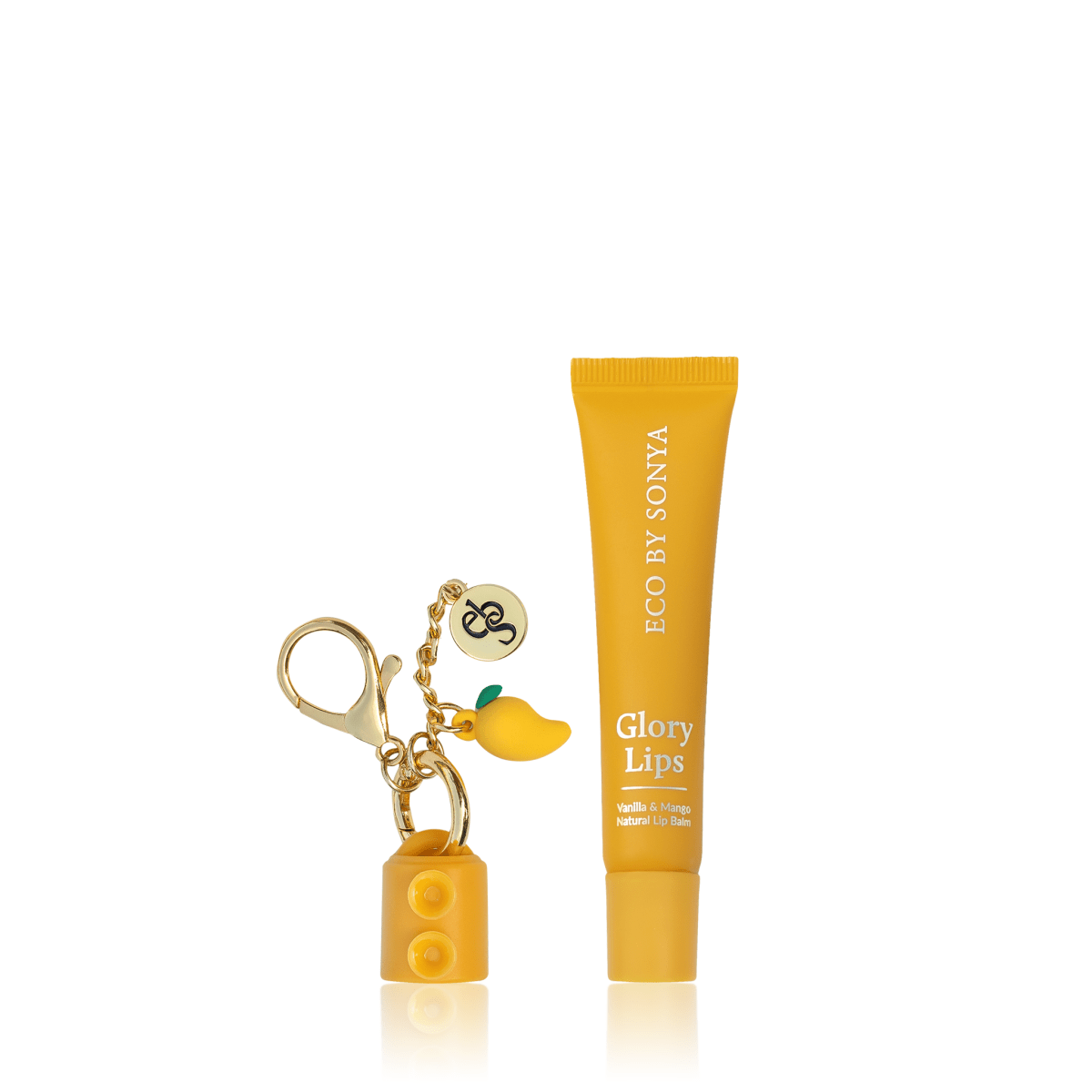 Eco By Sonya Glory Lips certified organic hydrating lip treatment tube and mango key charm
