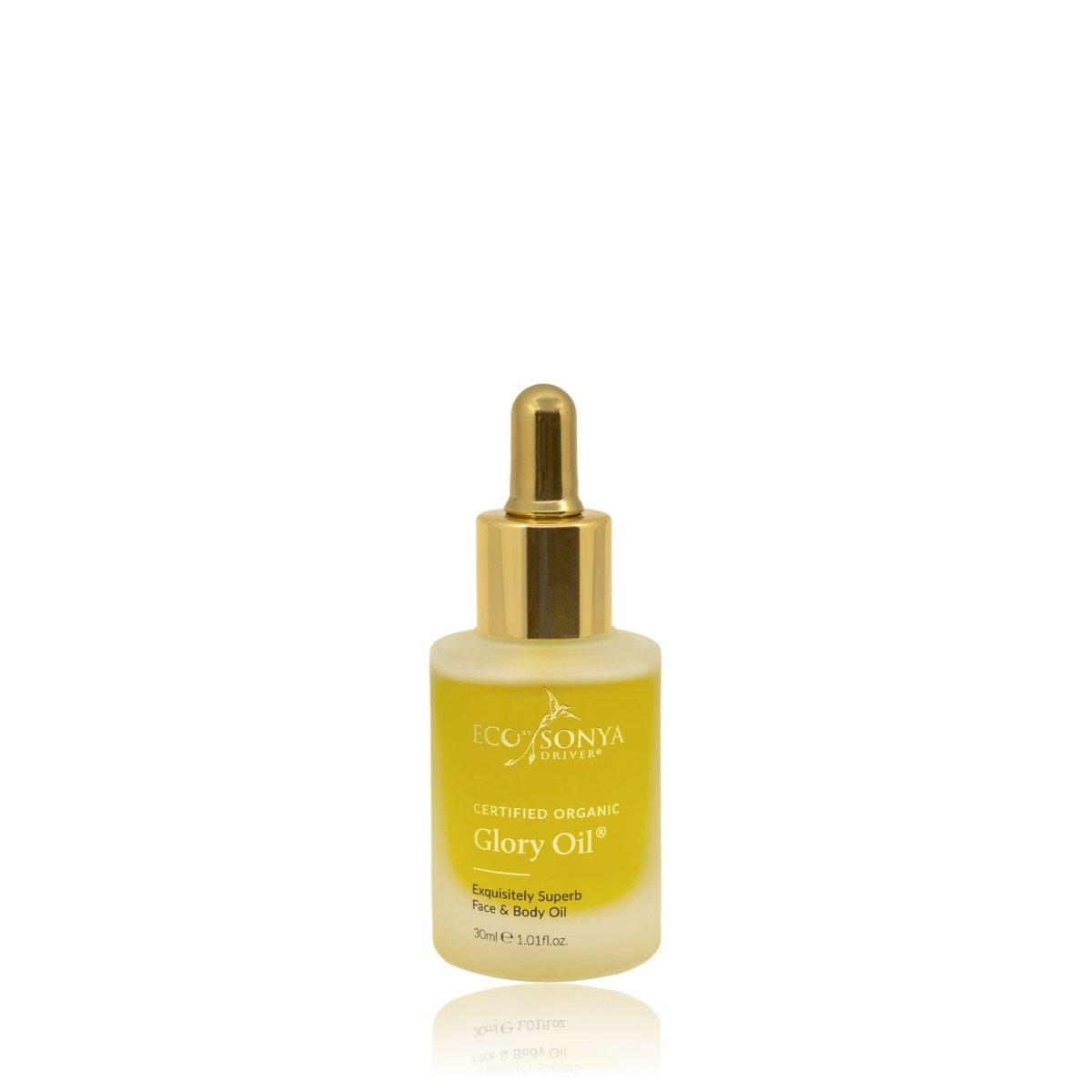 Eco By Sonya Glory Oil 30ml bottle with golden dropper on white background, organic natural face oil for nourishing and healing skin.