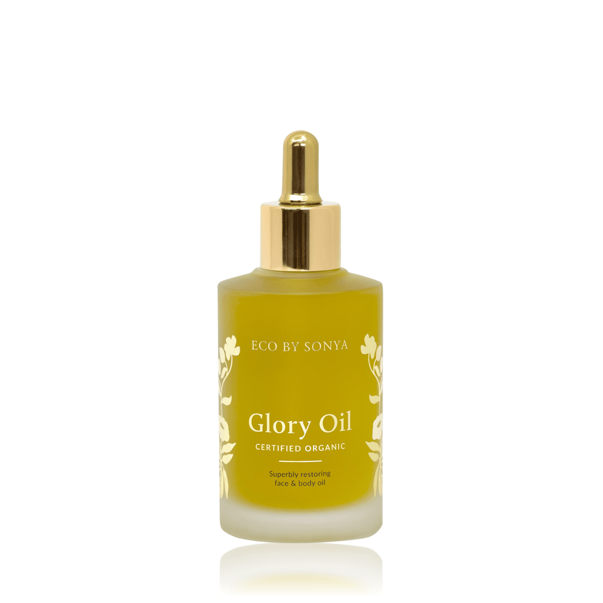Eco By Sonya Glory Oil 100ml bottle with golden dropper on white background, organic natural face oil for nourishing and healing skin.