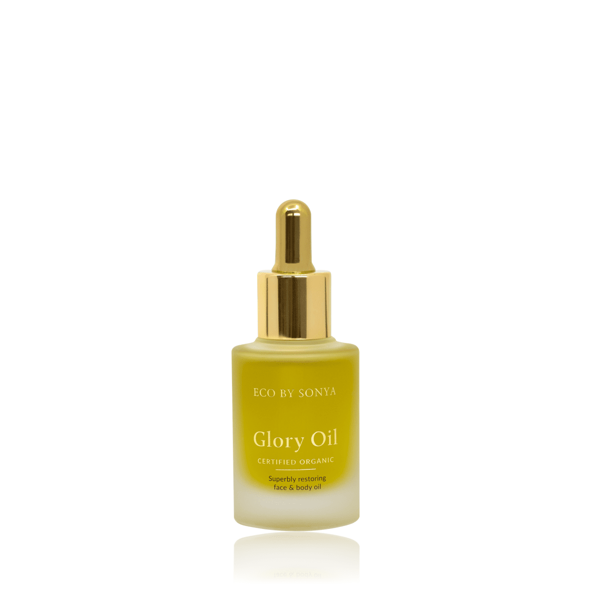 Eco By Sonya Glory Oil 30ml bottle with golden dropper on white background, organic natural face oil for nourishing and healing skin.