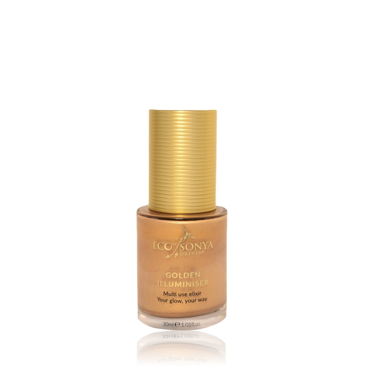 Eco By Sonya Golden Illuminiser bottle with golden cap on white background, showing shimmering fluid highlighter that leaves skin radiant and glowing.