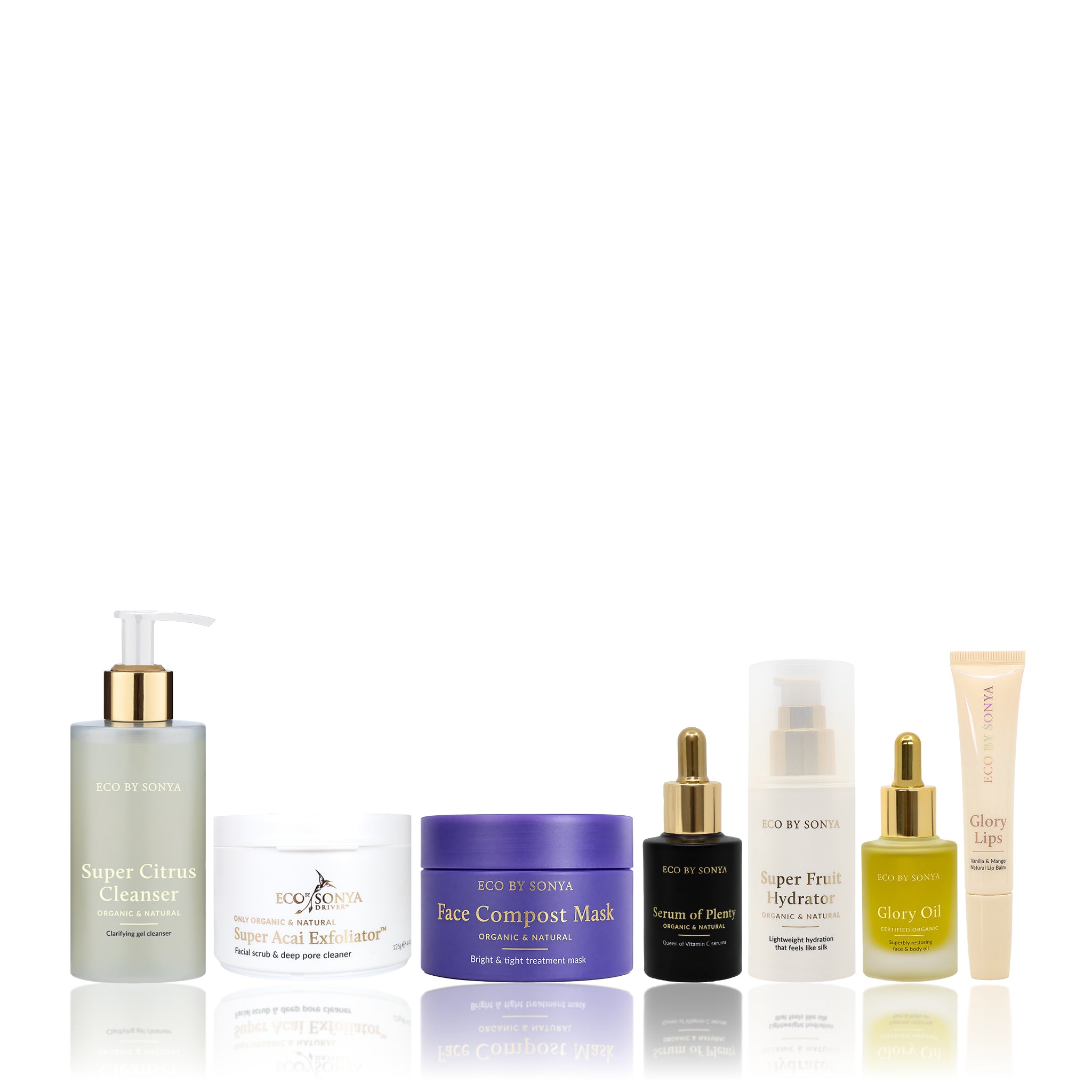 A collection of Eco By Sonya Hydration Skin System products, including cleanser, serum, oil, mask, hydrator, exfoliator and bonus lip balm, arranged together on a clean background.