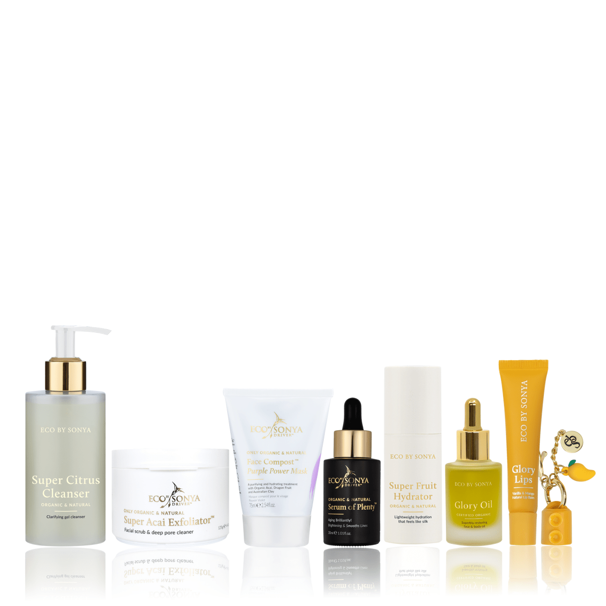 Organic skincare set to cleanse, exfoliate, hydrate and reduce fine lines for radiant, glowing skin.