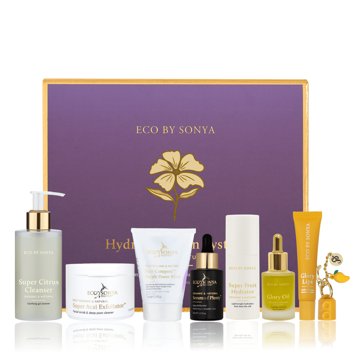 Organic skincare set to cleanse, exfoliate, hydrate and reduce fine lines for radiant, glowing skin.