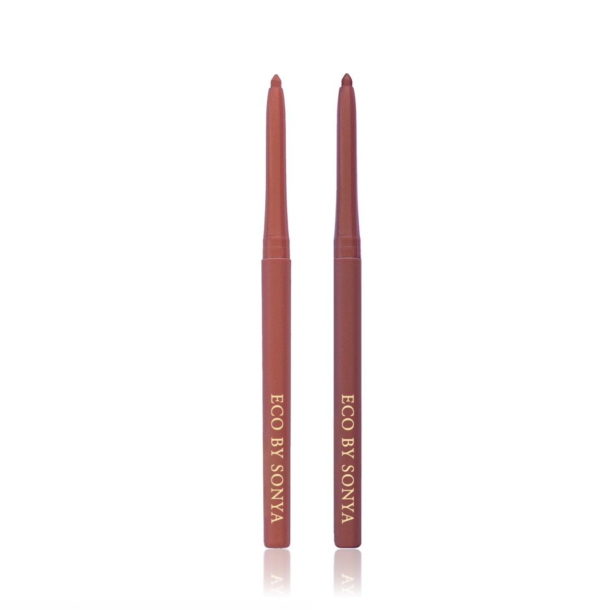 Two Eco By Sonya lip liners in Moody Nude and Perfect Nude, standing upright on a white background.
