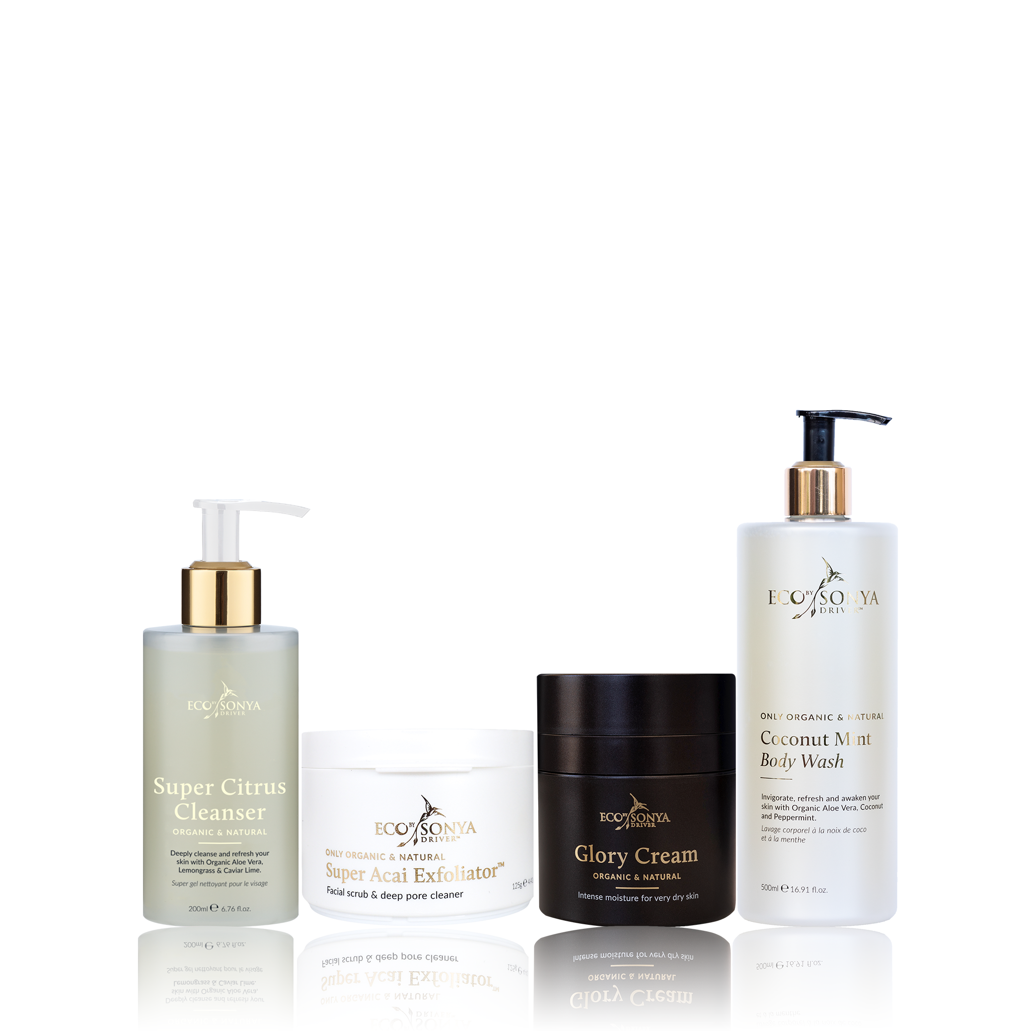 Set of skincare products including Super Citrus Cleanser, Super Acai Exfoliator, Glory Cream, and Coconut Mint Body Wash on a white background.