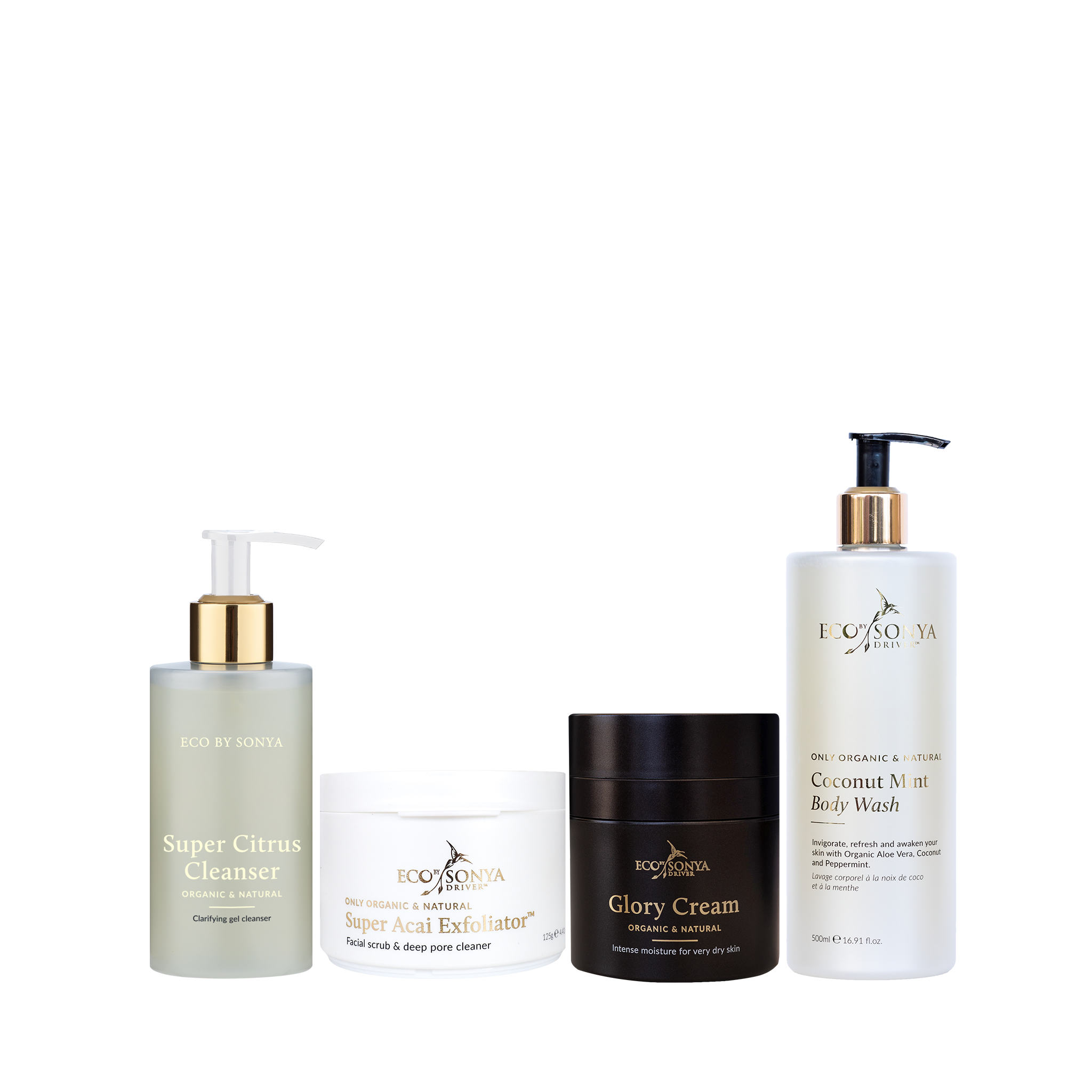 Set of Eco By Sonya Mature Blokes Pack including Super Citrus Cleanser, Super Acai Exfoliator, Glory Cream, and Coconut Mint Body Wash 