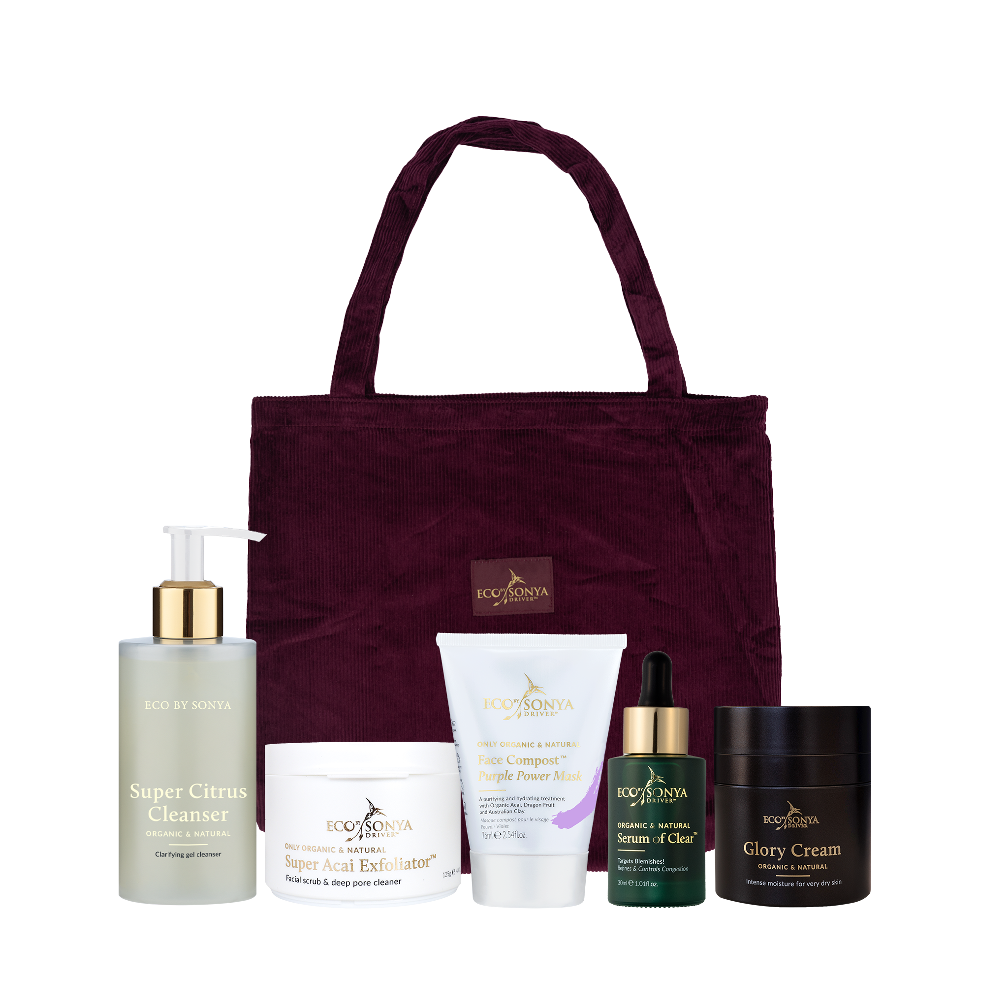 Eco By Sonya Resurfacing Pack including Super Citrus Cleanser, Super Acai Exfoliator, Purple Face Mask, Serum of Clear and Glory Cream. With the tote bag in the background.