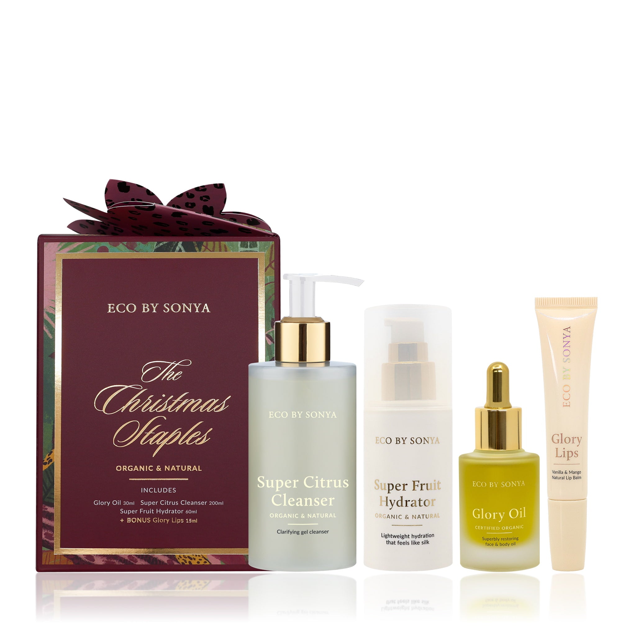 Eco By Sonya The Christmas Staples arranged together on a white background.
