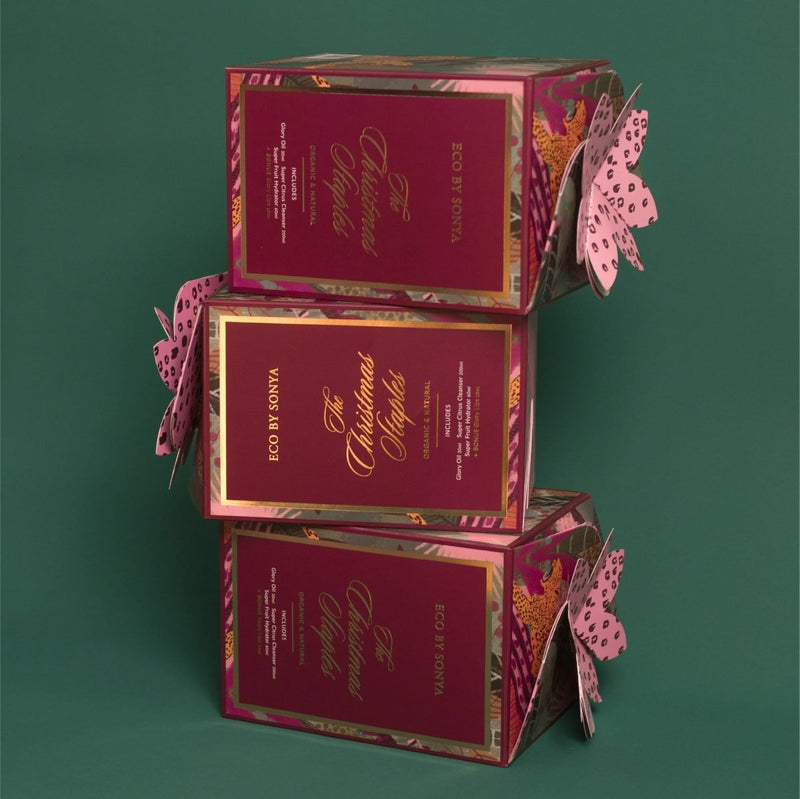 Eco By Sonya The Christmas Staples Gift Set boxes stacked on top of each other.