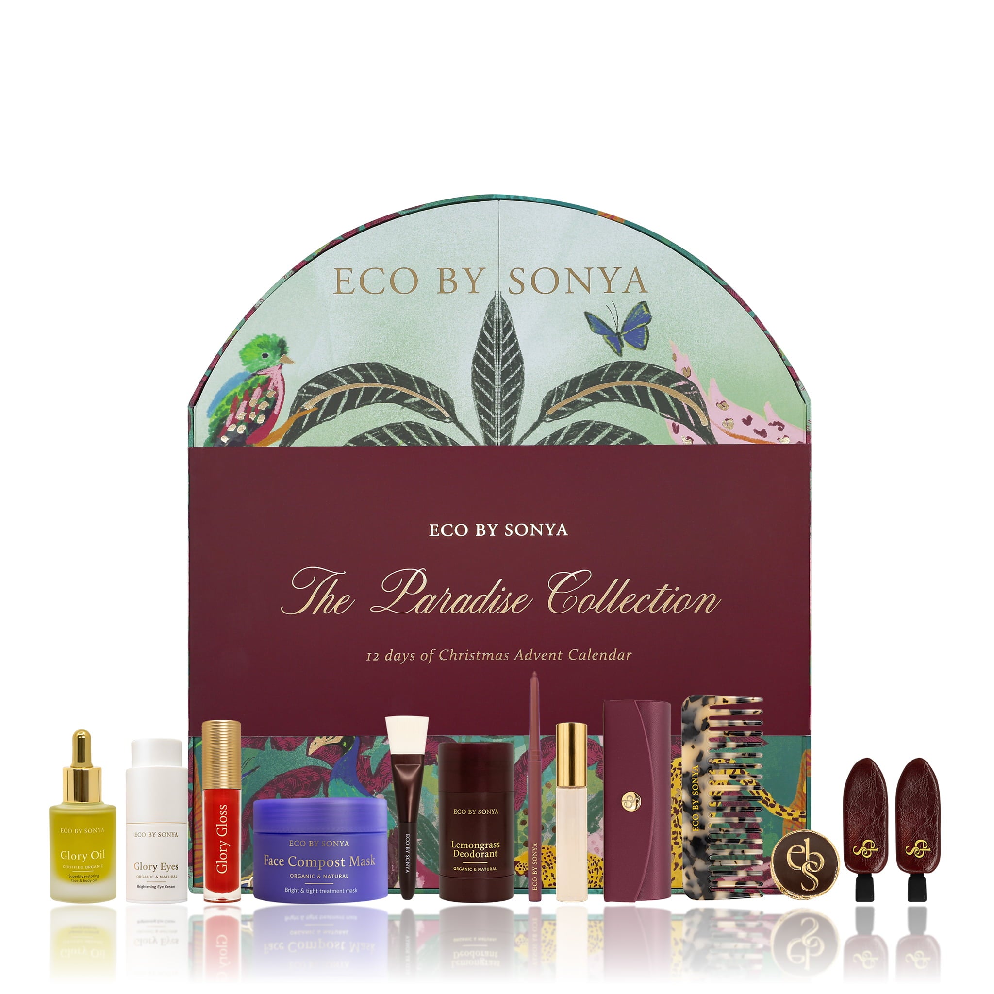 Eco by Sonya The Paradise Collection 12 Days of Christmas Advent Calendar with its illustrated envelope and multiple beauty products arranged in front on a white background.
