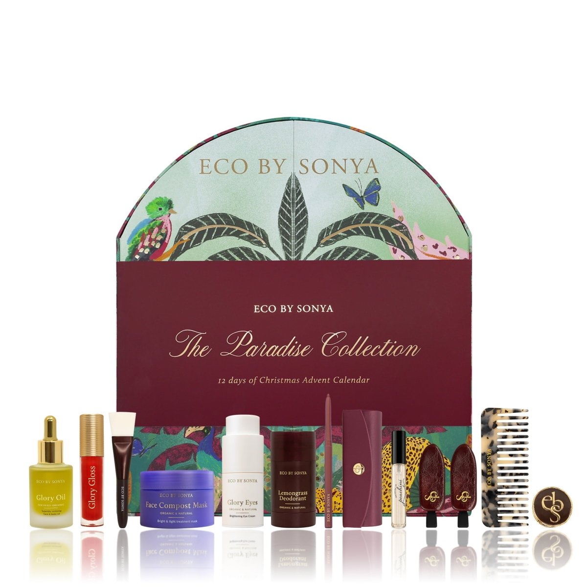 Eco by Sonya The Paradise Collection 12 Days of Christmas Advent Calendar with its illustrated envelope and multiple beauty products arranged in front on a white background.