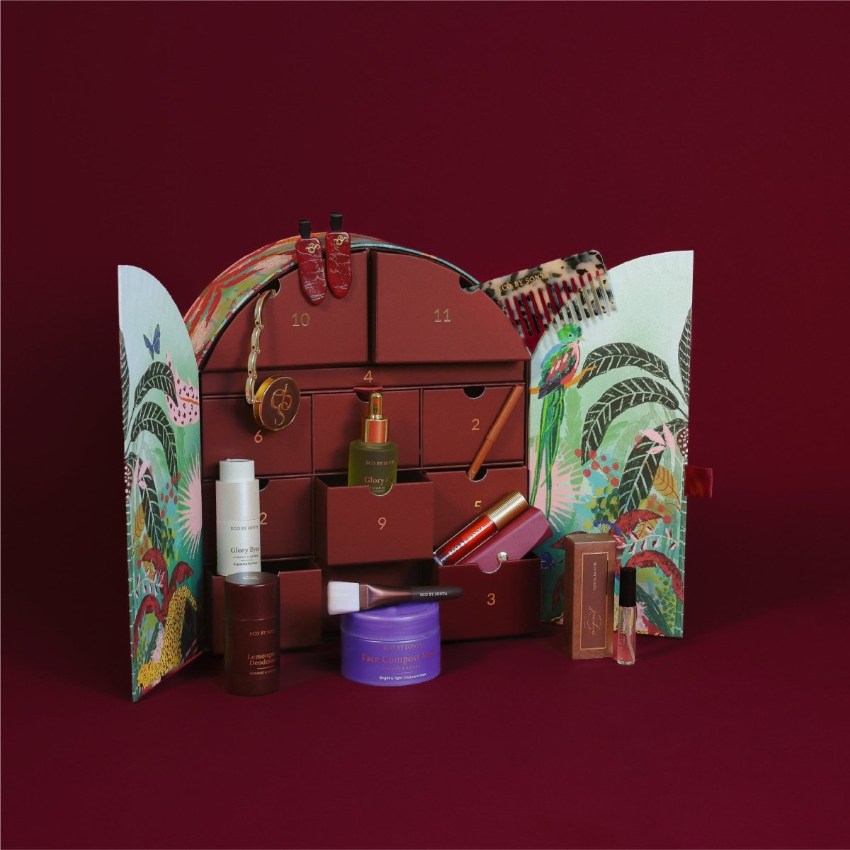 Eco By Sonya The Paradise Collection Christmas Advent Calendar with beauty products displayed in its drawers.