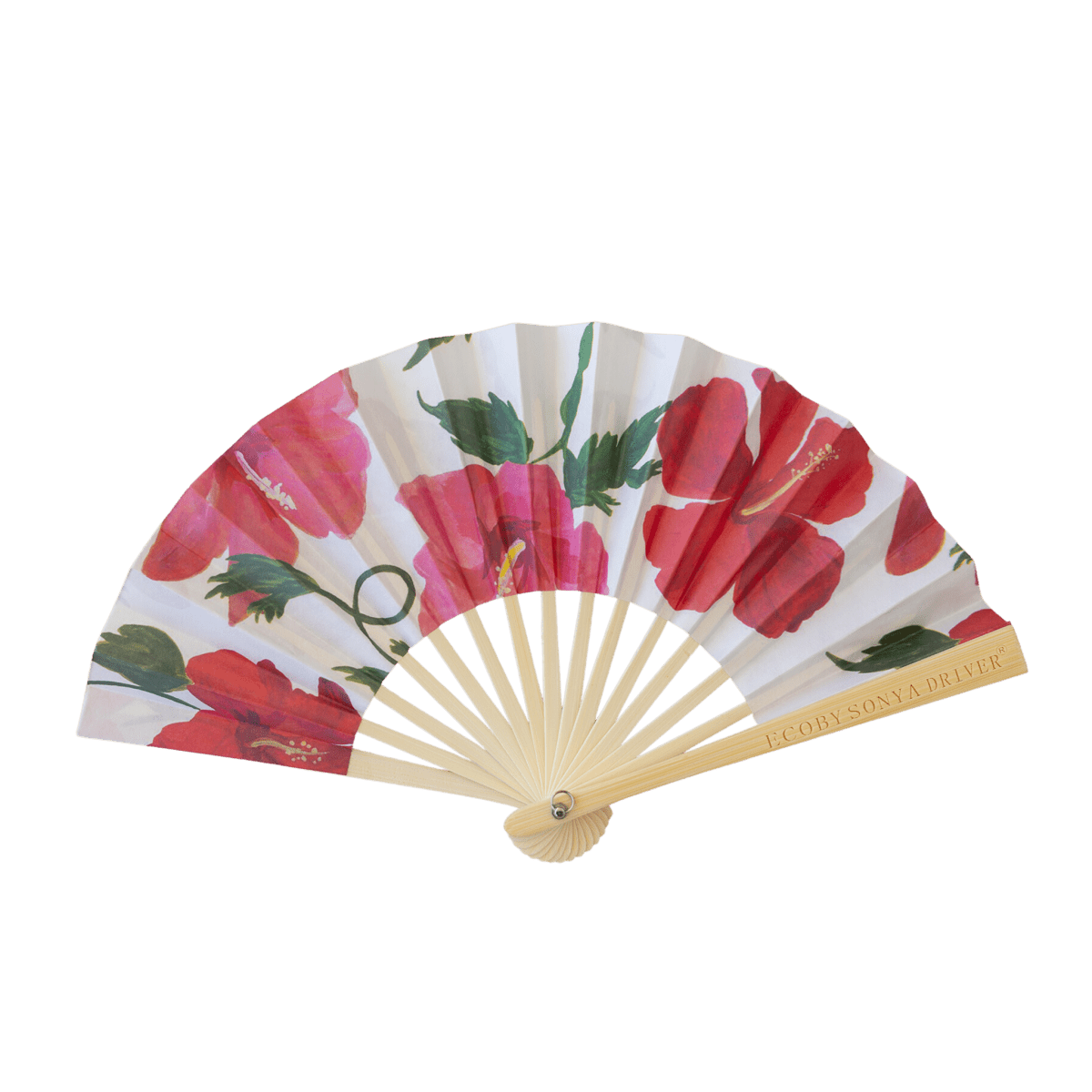 Floral-patterned hand fan with wooden frame on a white background