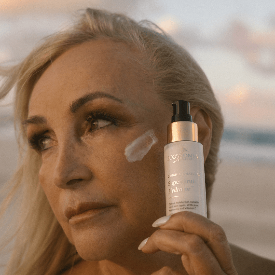 Eco by Sonya organic face moisturiser Super Fruit Hydrator smear on mature skin