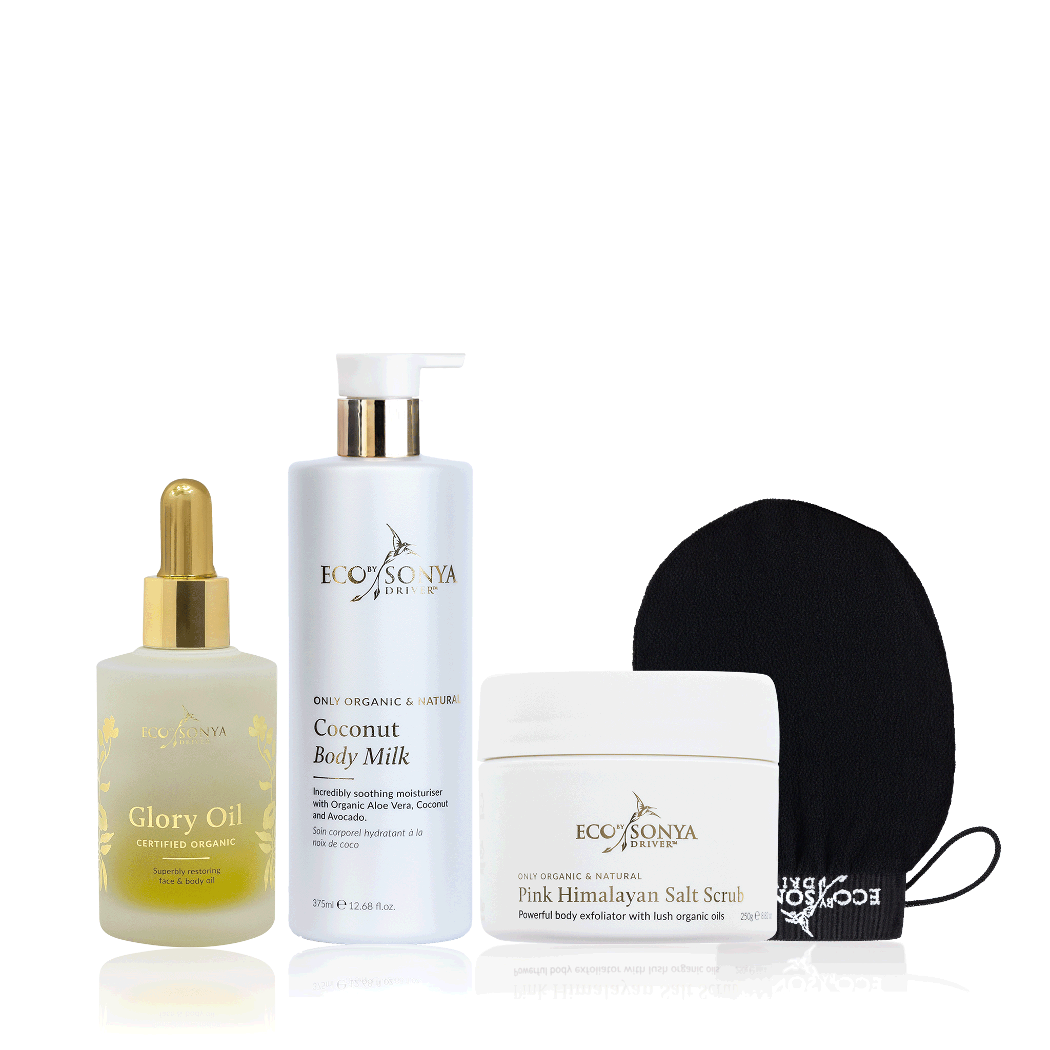Set of Eco by Sonya skincare products including glory oil, body milk, salt scrub, and mitt on a white background.