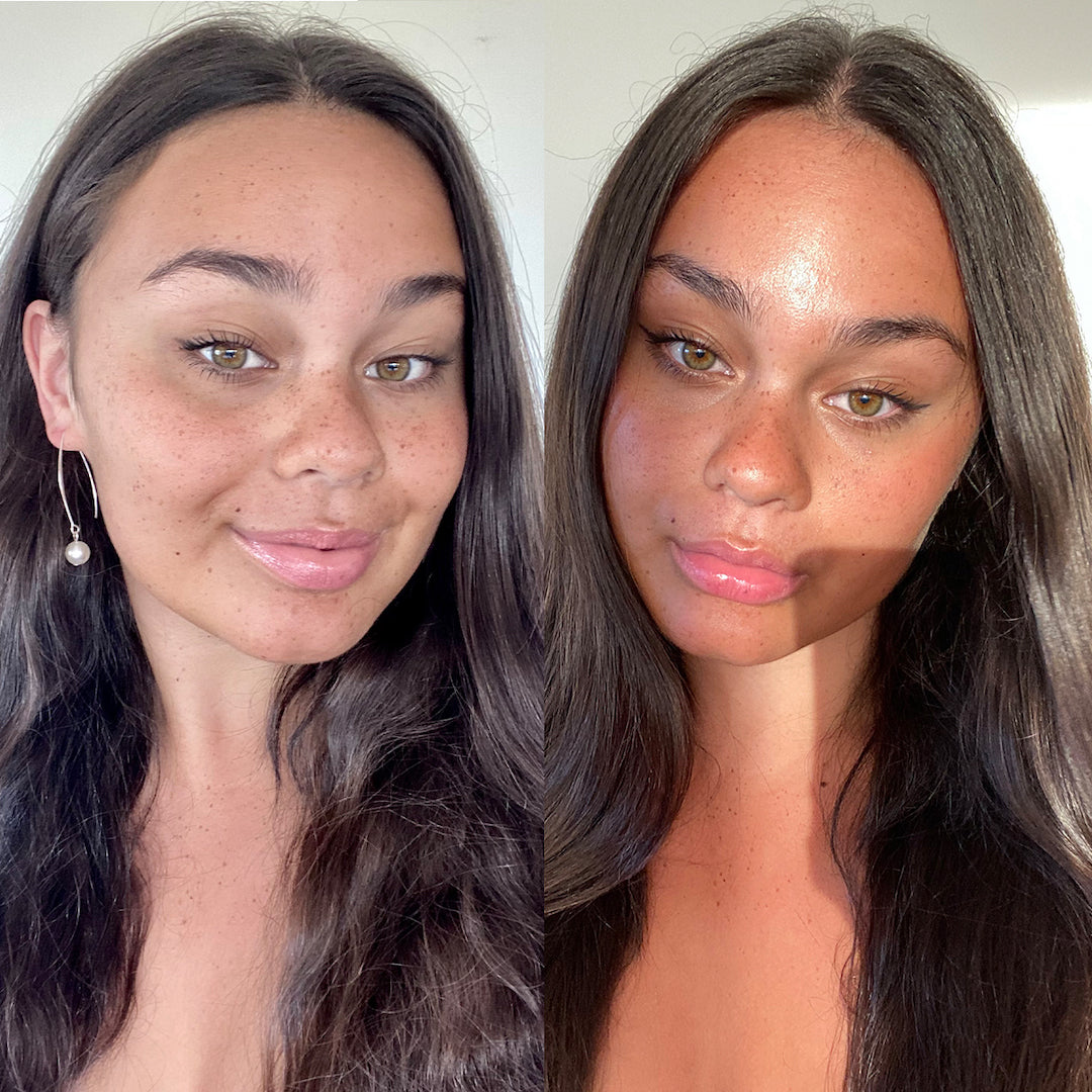 Side-by-side comparison of a woman before and after using Face Tan Water on a plain background