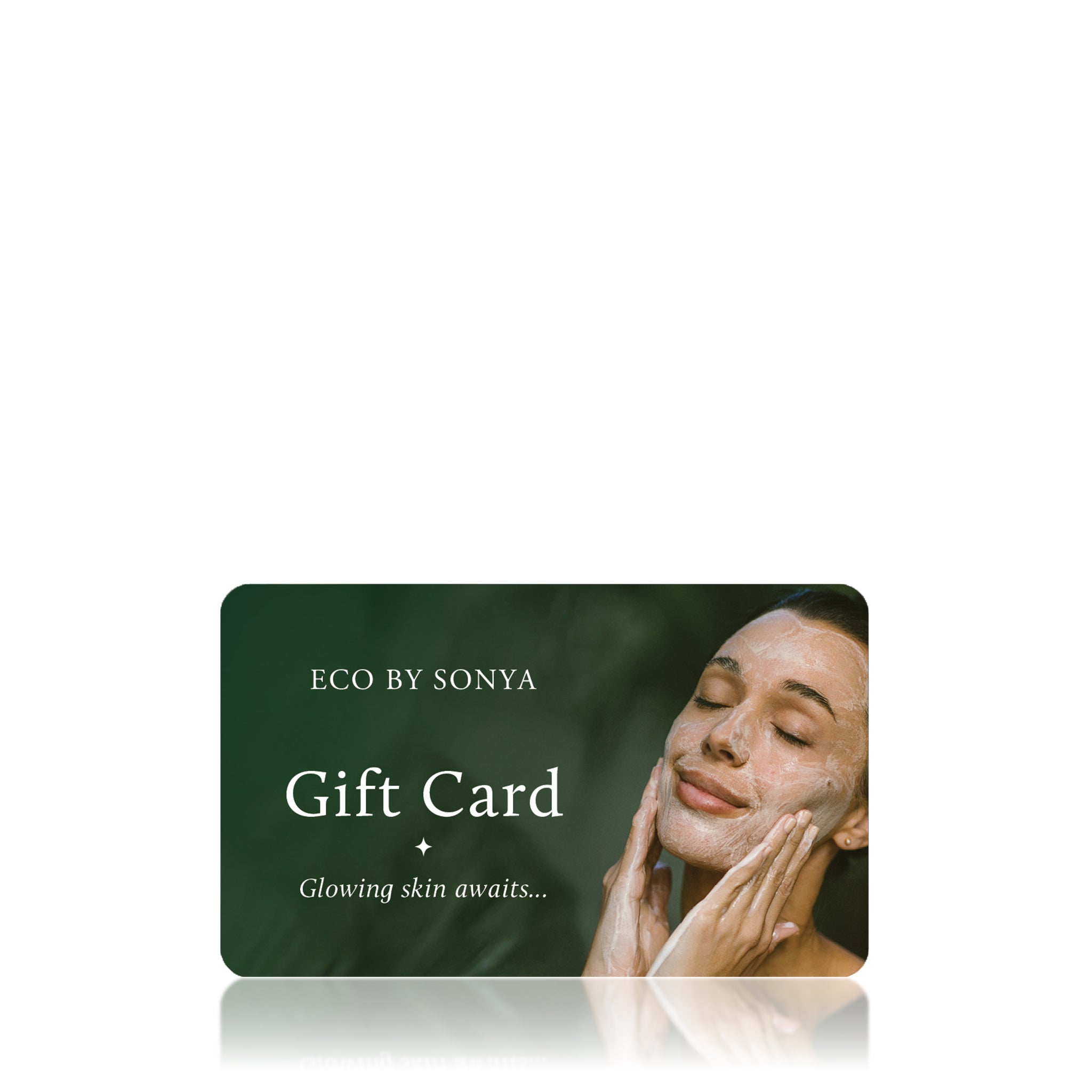 Gift card with a woman's face and 'ECO BY SONYA' branding on a white background